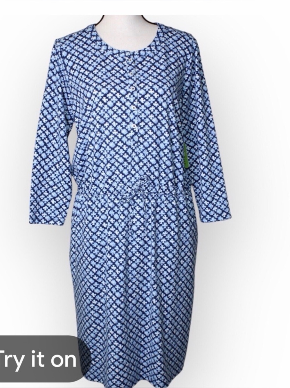Lands' End Blue & White Geometric Print Long Sleeve Dress